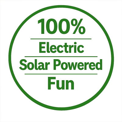 Green circular emblem with text: '100% Electric Solar Powered Fun'.